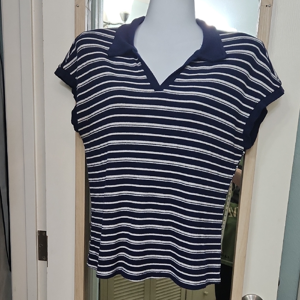Navy Striped Polo Knit Top